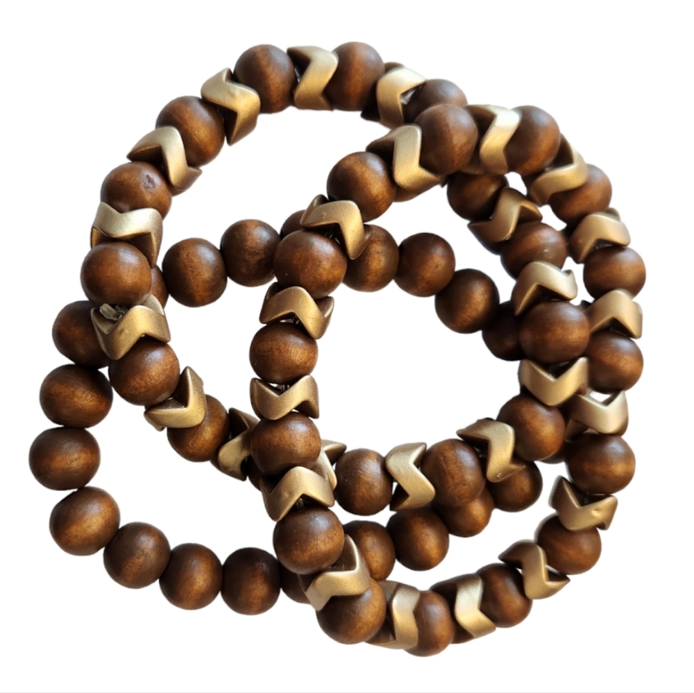 🆕️ WOOD AND GOLDTONE  BEADED STRETCH BRACELET SET